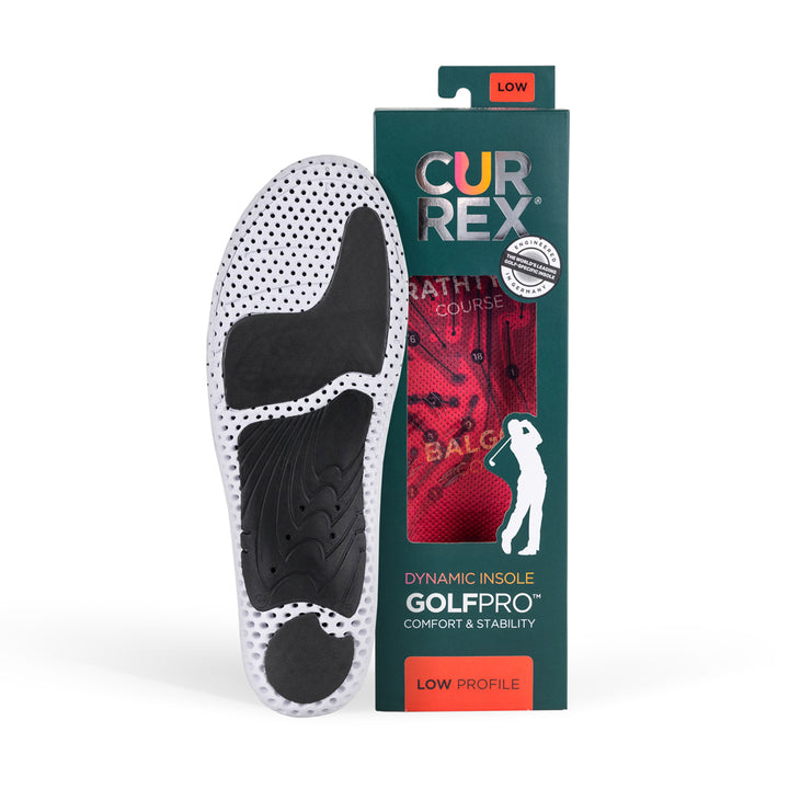 CURREX GOLFPRO insole with white and black base next to dark green box with red insole inside #1-wahle-dein-profil_low