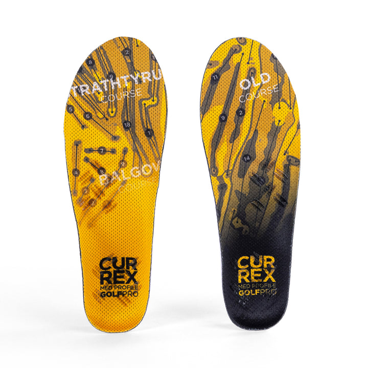 Top view of yellow colored GOLFPRO medium profile pair of insoles #1-wahle-dein-profil_med