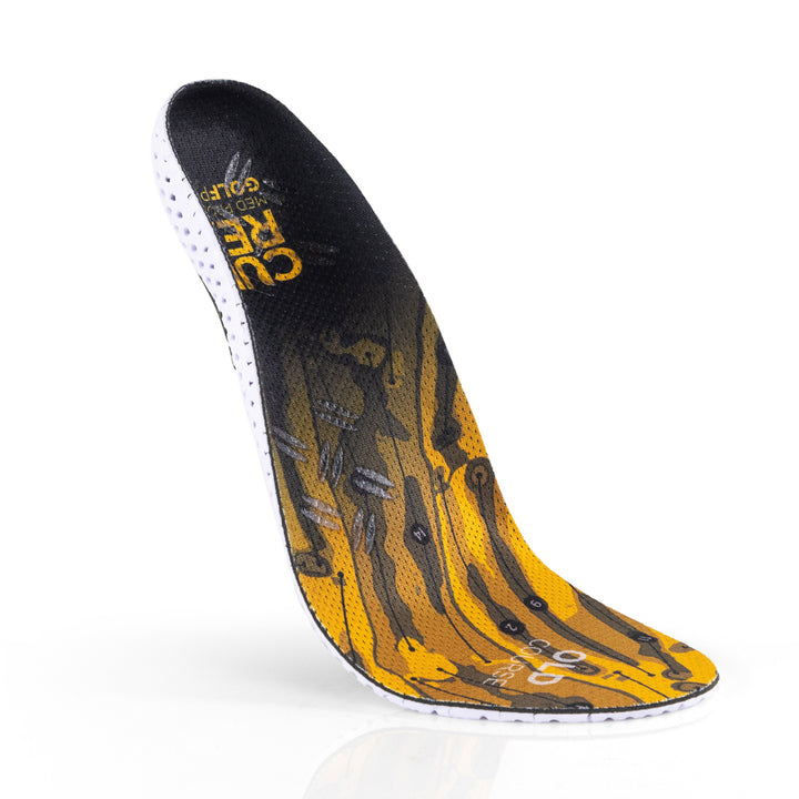 Floating top view of yellow colored GOLFPRO medium profile insoles with white and black base #1-wahle-dein-profil_med
