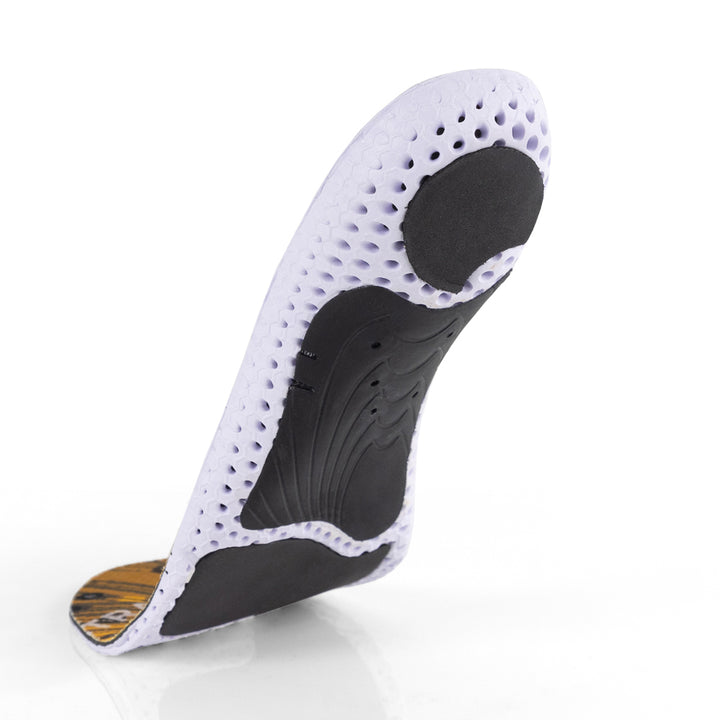 Floating base view of GOLFPRO medium profile insoles with black arch support, black heel pad, black forefoot cushioning pad, white and black base #1-wahle-dein-profil_med