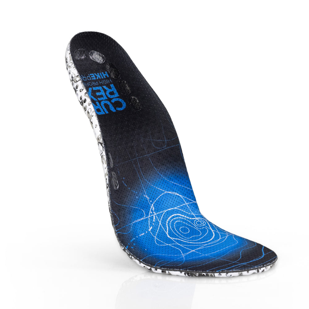 Floating top view of blue colored HIKEPRO high profile insoles with white and black camo base #1-wahle-dein-profil_high