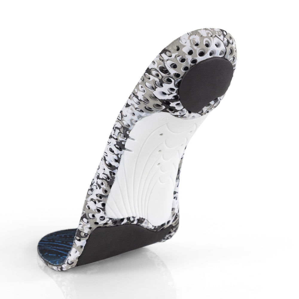 Floating base view of HIKEPRO high profile insoles with white arch support, gray heel pad, black forefoot cushioning pad, white and black camo base #1-wahle-dein-profil_high