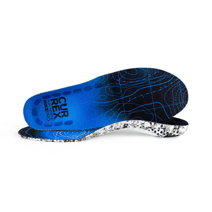 View of pair of blue high profile HIKEPRO insoles, one standing on side to show top of insole, second insole set in front showing its profile while toe is facing opposite direction #1-wahle-dein-profil_high
