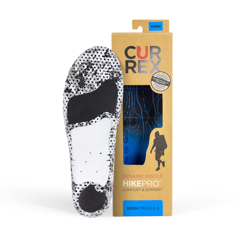 CURREX HIKEPRO insole with white and black camo base next to tan box with blue insole inside #1-wahle-dein-profil_high