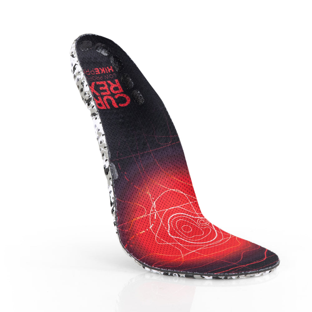 Floating top view of red colored HIKEPRO low profile insoles with white and black camo base #1-wahle-dein-profil_low
