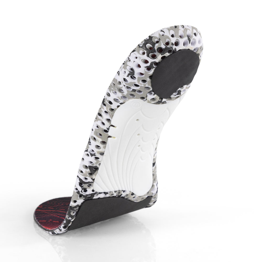 Floating base view of HIKEPRO low profile insoles with white arch support, gray heel pad, black forefoot cushioning pad, white and black camo base #1-wahle-dein-profil_low