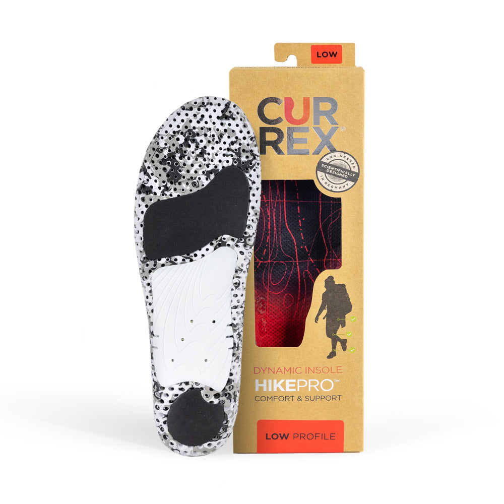 CURREX HIKEPRO insole with white and black camo base next to tan box with red insole inside #1-wahle-dein-profil_low