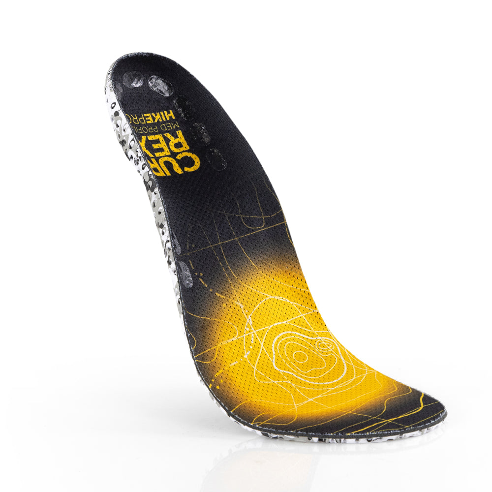 Floating top view of yellow colored HIKEPRO medium profile insoles with white and black camo base #1-wahle-dein-profil_med