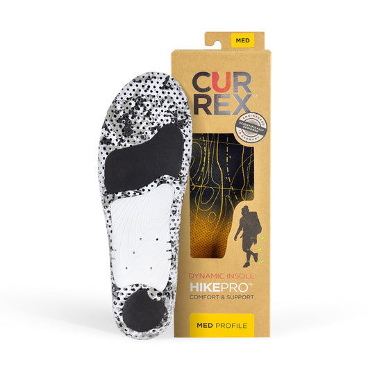 CURREX HIKEPRO insole with white and black camo base next to tan box with yellow insole inside #1-wahle-dein-profil_med