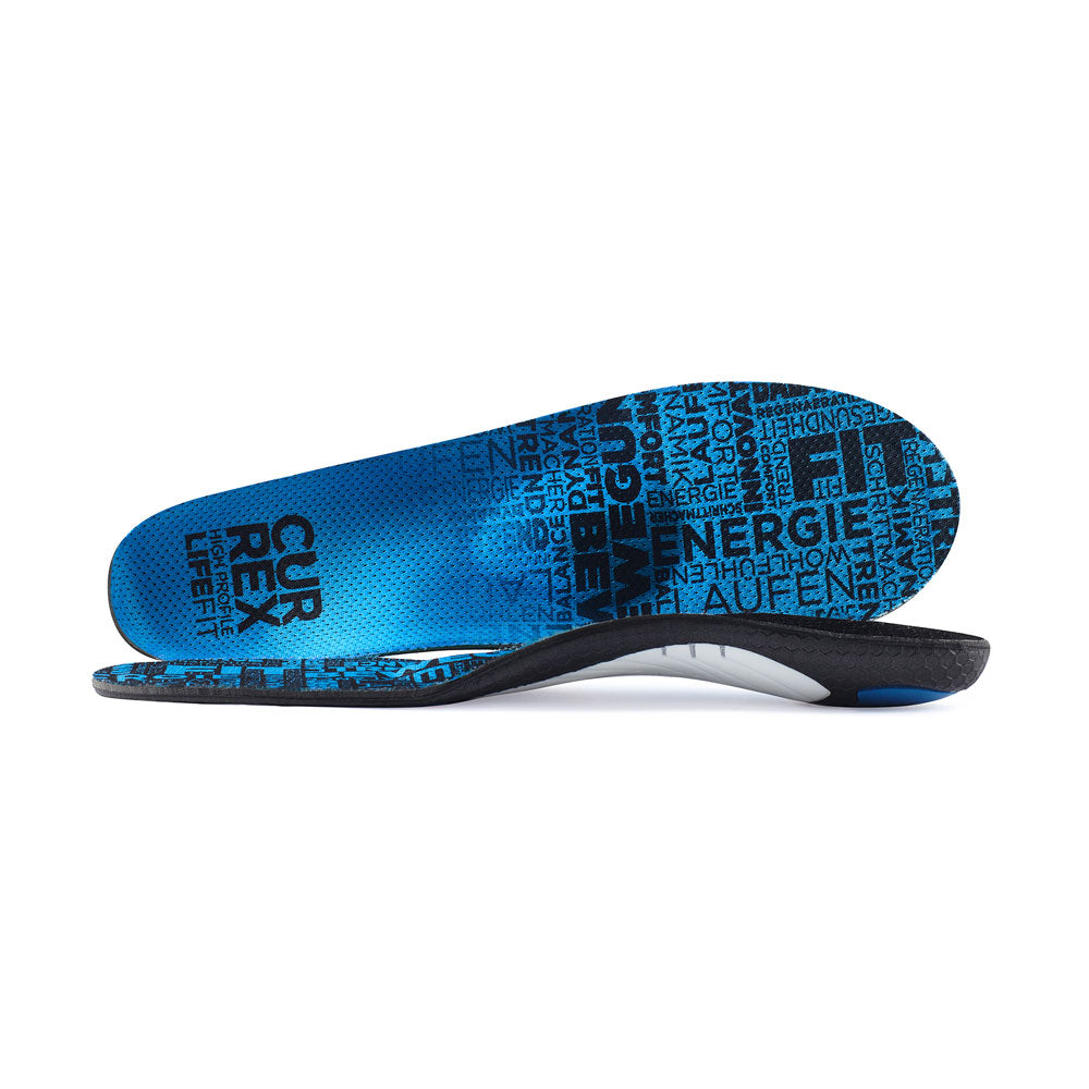 View of pair of blue high profile LIFEFIT insoles, one standing on side to show top of insole, second insole set in front showing its profile while toe is facing opposite direction #1-wahle-dein-profil_high