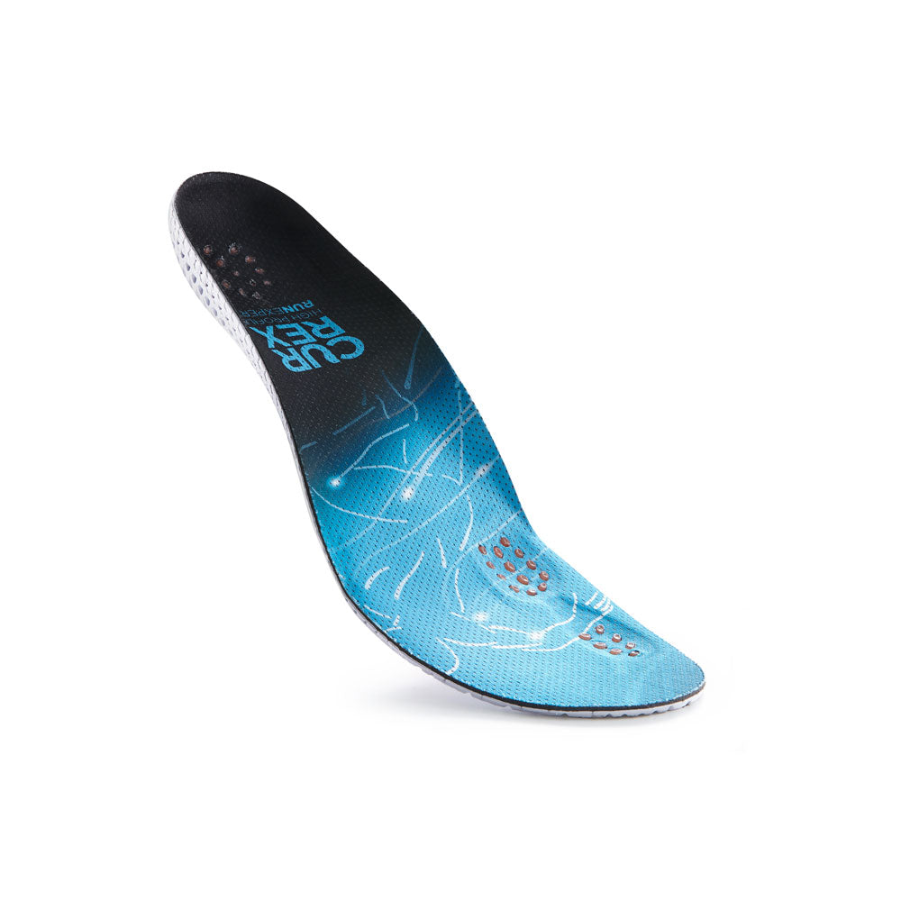 Floating top view of blue colored RUNEXPERT high profile insoles with white and orange base #1-wahle-dein-profil_high