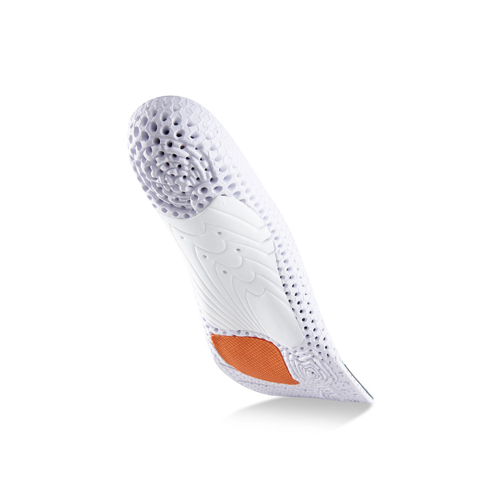 Floating base view of RUNEXPERT high profile insoles with white arch support, built-in heel cushioning, orange forefoot cushioning pad, white and orange base #1-wahle-dein-profil_high