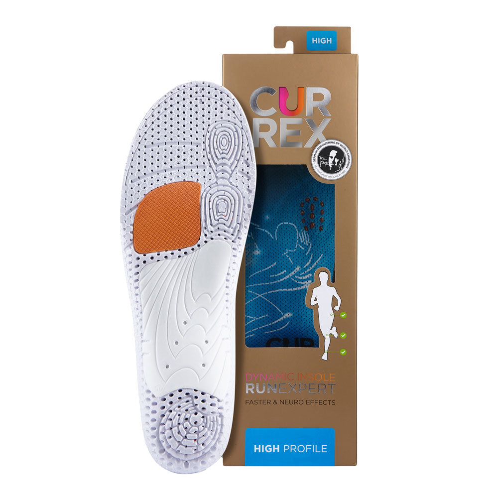 CURREX RUNEXPERT insole with white and orange base next to black box with blue insole inside #1-wahle-dein-profil_high