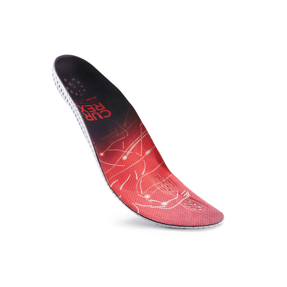 Floating top view of red colored RUNEXPERT low profile insoles with white and orange base #1-wahle-dein-profil_low
