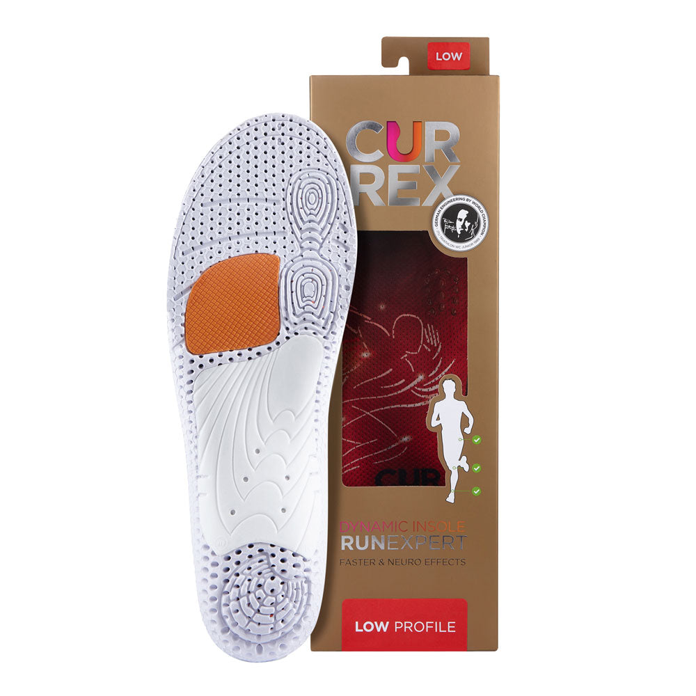 CURREX RUNEXPERT insole with white and orange base next to black box with red insole inside #1-wahle-dein-profil_low