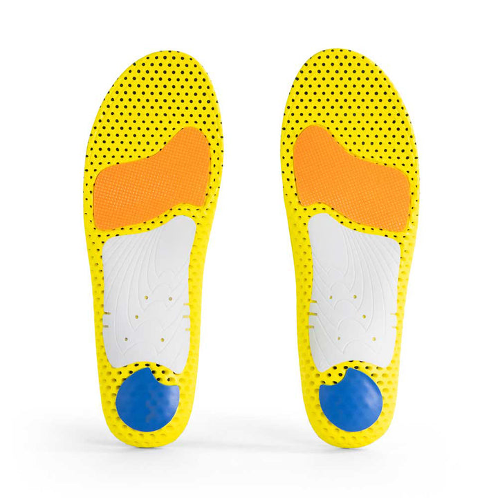 Base view of RUNPRO high profile insole pair with white arch support, blue heel pad, orange met cushion, yellow base #1-wahle-dein-profil_high