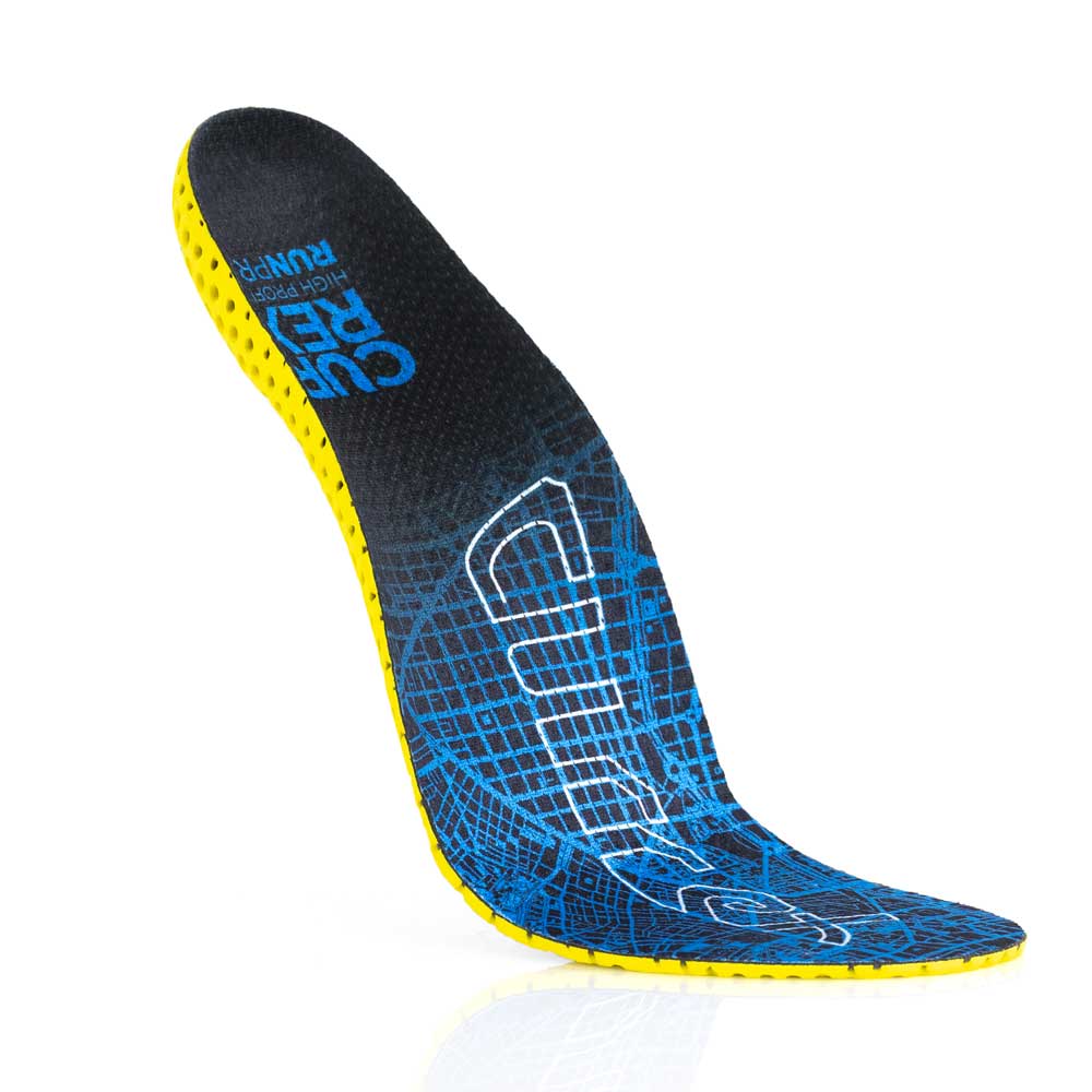 Floating top view of blue colored RUNPRO high profile insoles with yellow base #1-wahle-dein-profil_high