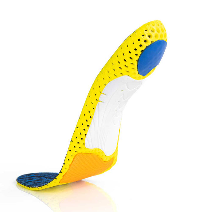 Floating base view of RUNPRO high profile insoles with white arch support, blue heel pad, orange met cushion, yellow base #1-wahle-dein-profil_high