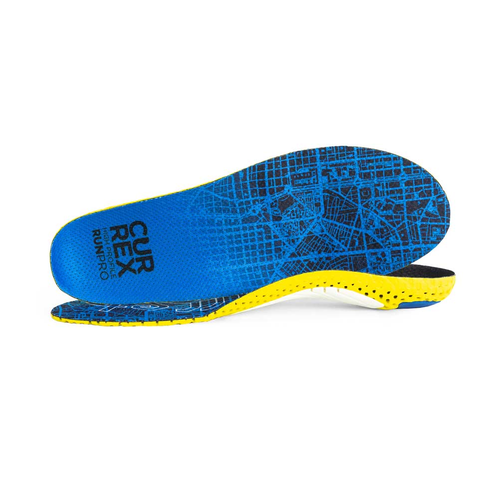 View of pair of blue high profile RUNPRO insoles, one standing on side to show top of insole, second insole set in front showing its profile while toe is facing opposite direction #1-wahle-dein-profil_high