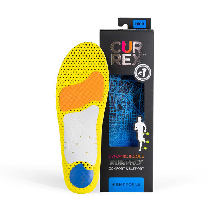 CURREX RUNPRO insole yellow, orange, white and blue base next to black box with blue insole inside #1-wahle-dein-profil_high