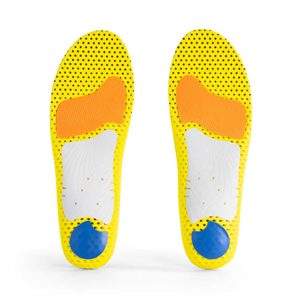 Base view of RUNPRO low profile insole pair with white arch support, blue heel pad, orange met cushion, yellow base #1-wahle-dein-profil_low