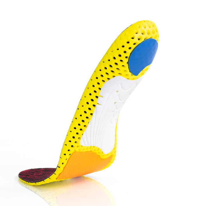 Floating base view of RUNPRO low profile insoles with white arch support, blue heel pad, orange met cushion, yellow base #1-wahle-dein-profil_low