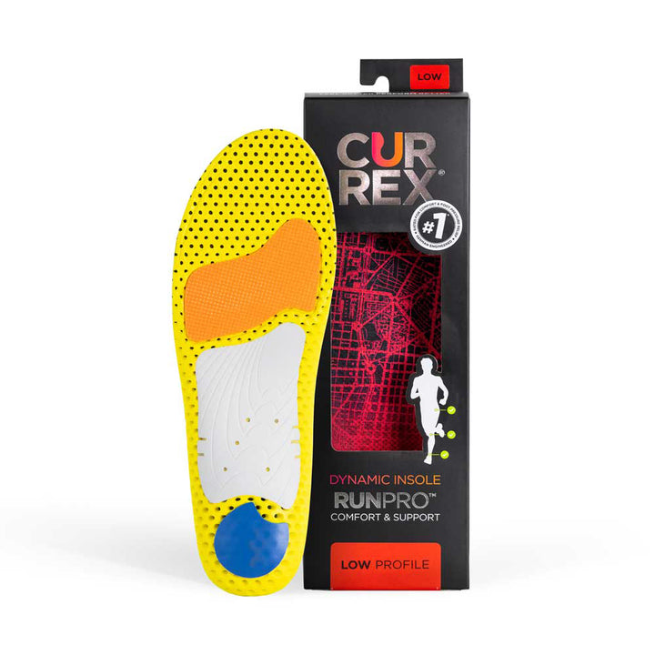 CURREX RUNPRO insole yellow, orange, white and blue base next to black box with red insole inside #1-wahle-dein-profil_low