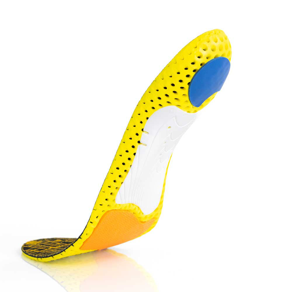 Floating base view of RUNPRO medium profile insoles with white arch support, blue heel pad, orange met cushion, yellow base #1-wahle-dein-profil_med