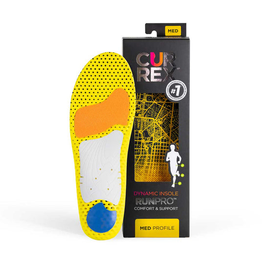 CURREX RUNPRO insole yellow, orange, white and blue base next to black box with yellow insole inside #1-wahle-dein-profil_med