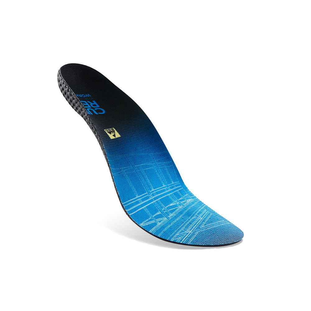 Floating top view of blue colored WORK high profile insoles with black, yellow, and blue base #1-wahle-dein-profil_high