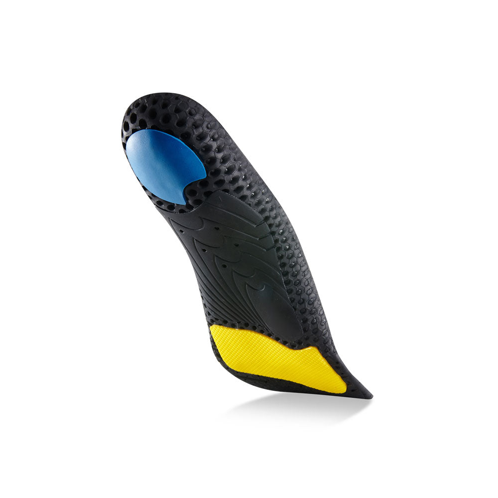 Floating base view of WORK high profile insoles with black arch support, blue heel pad, yellow forefoot cushioning pad, black, yellow, and blue base #1-wahle-dein-profil_high