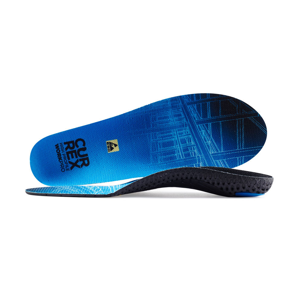 View of pair of blue high profile WORK insoles, one standing on side to show top of insole, second insole set in front showing its profile while toe is facing opposite direction #1-wahle-dein-profil_high