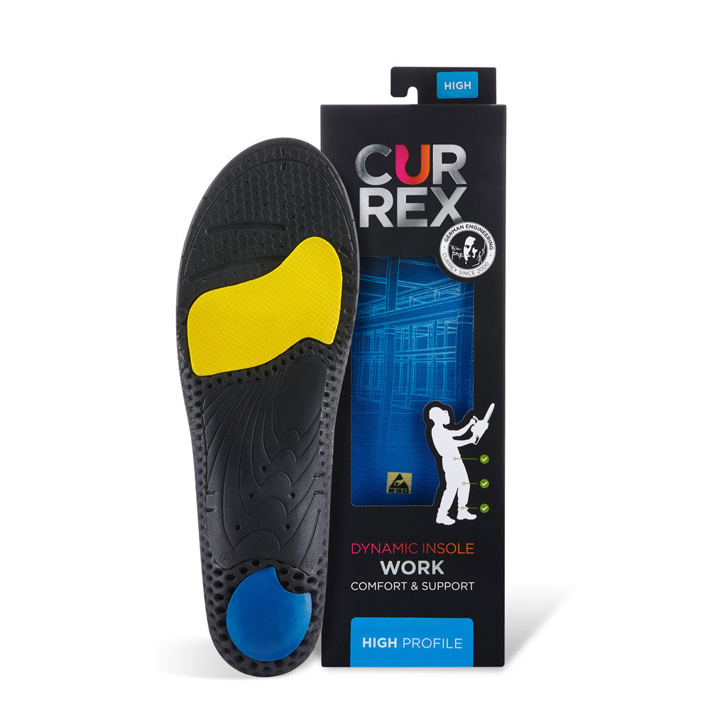 CURREX WORK insole with black, yellow, and blue base next to black box with blue insole inside #1-wahle-dein-profil_high