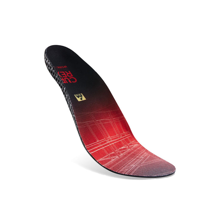 Floating top view of red colored WORK low profile insoles with black, yellow, and blue base #1-wahle-dein-profil_low