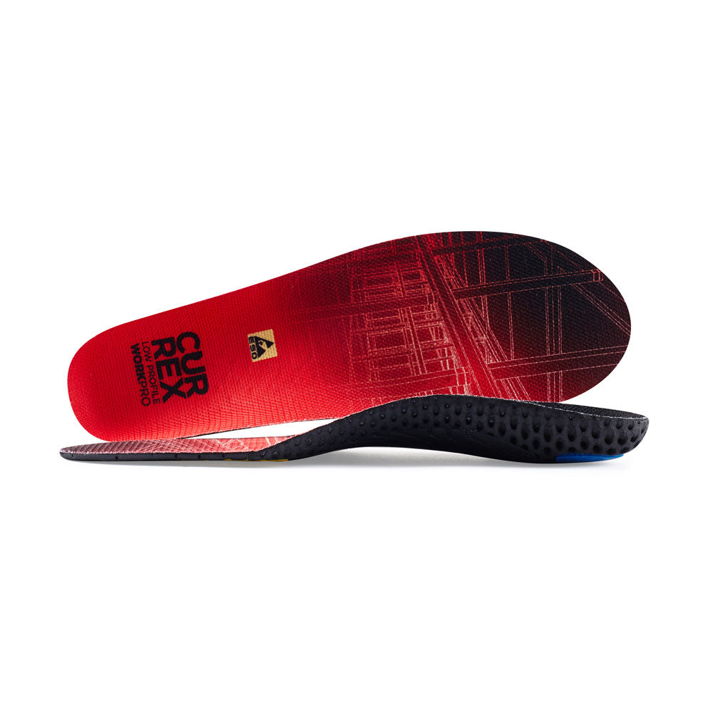 View of pair of red low profile WORK insoles, one standing on side to show top of insole, second insole set in front showing its profile while toe is facing opposite direction #1-wahle-dein-profil_low
