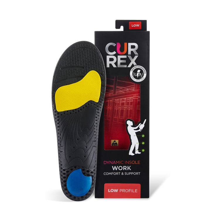CURREX WORK insole with black, yellow, and blue base next to black box with red insole inside #1-wahle-dein-profil_low