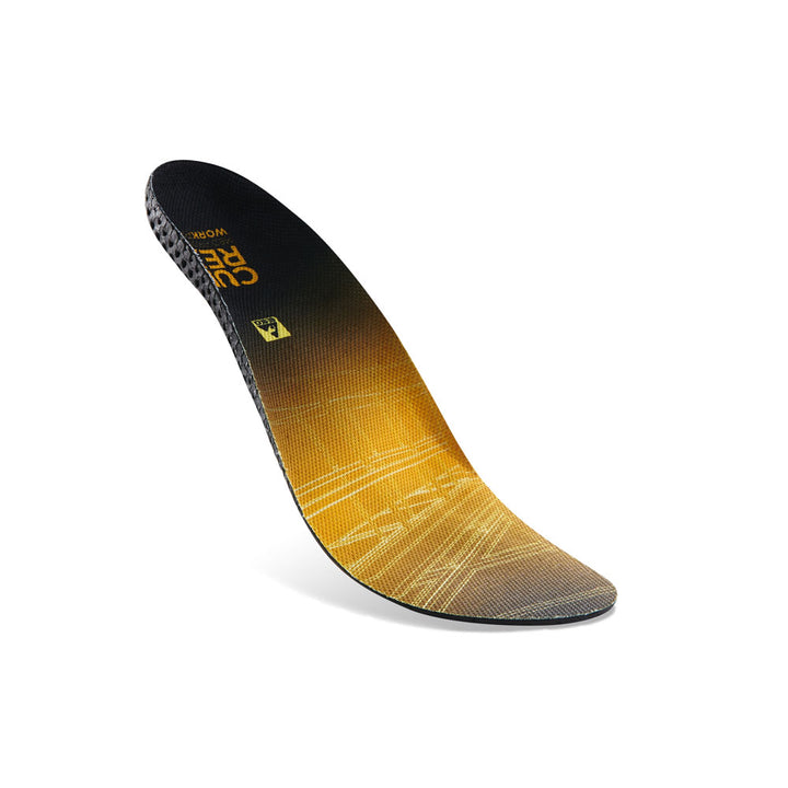 Floating top view of yellow colored WORK medium profile insoles with black, yellow, and blue base #1-wahle-dein-profil_med