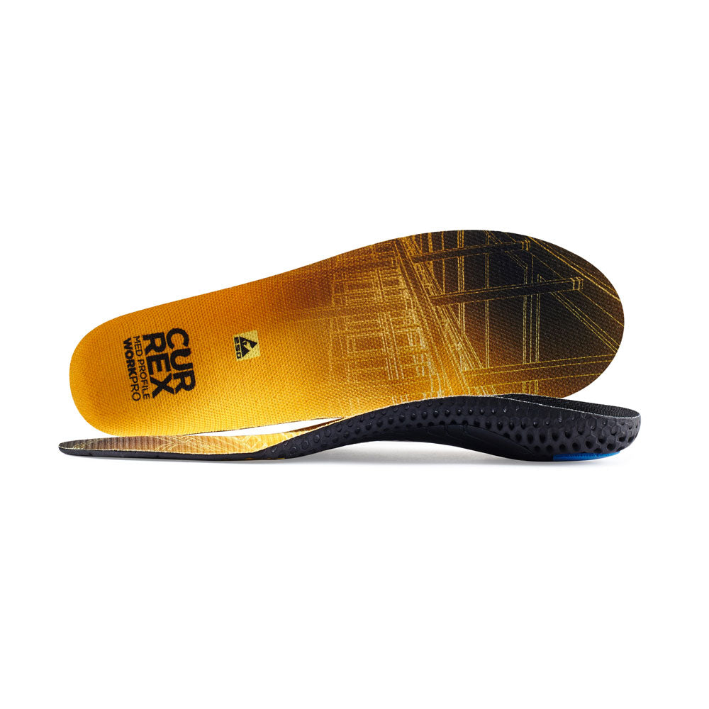 View of pair of yellow medium profile WORK insoles, one standing on side to show top of insole, second insole set in front showing its profile while toe is facing opposite direction #1-wahle-dein-profil_med