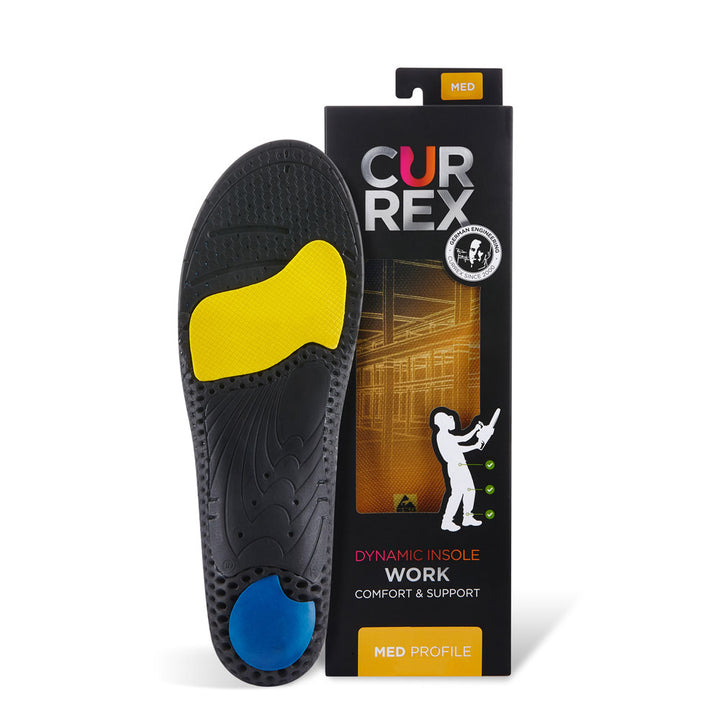 CURREX WORK insole with black, yellow, and blue base next to black box with yellow insole inside #1-wahle-dein-profil_med