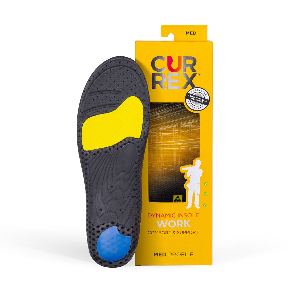 CURREX WORK insole with black, yellow, and blue base next to yellow/orange box with yellow insole inside #1-wahle-dein-profil_med