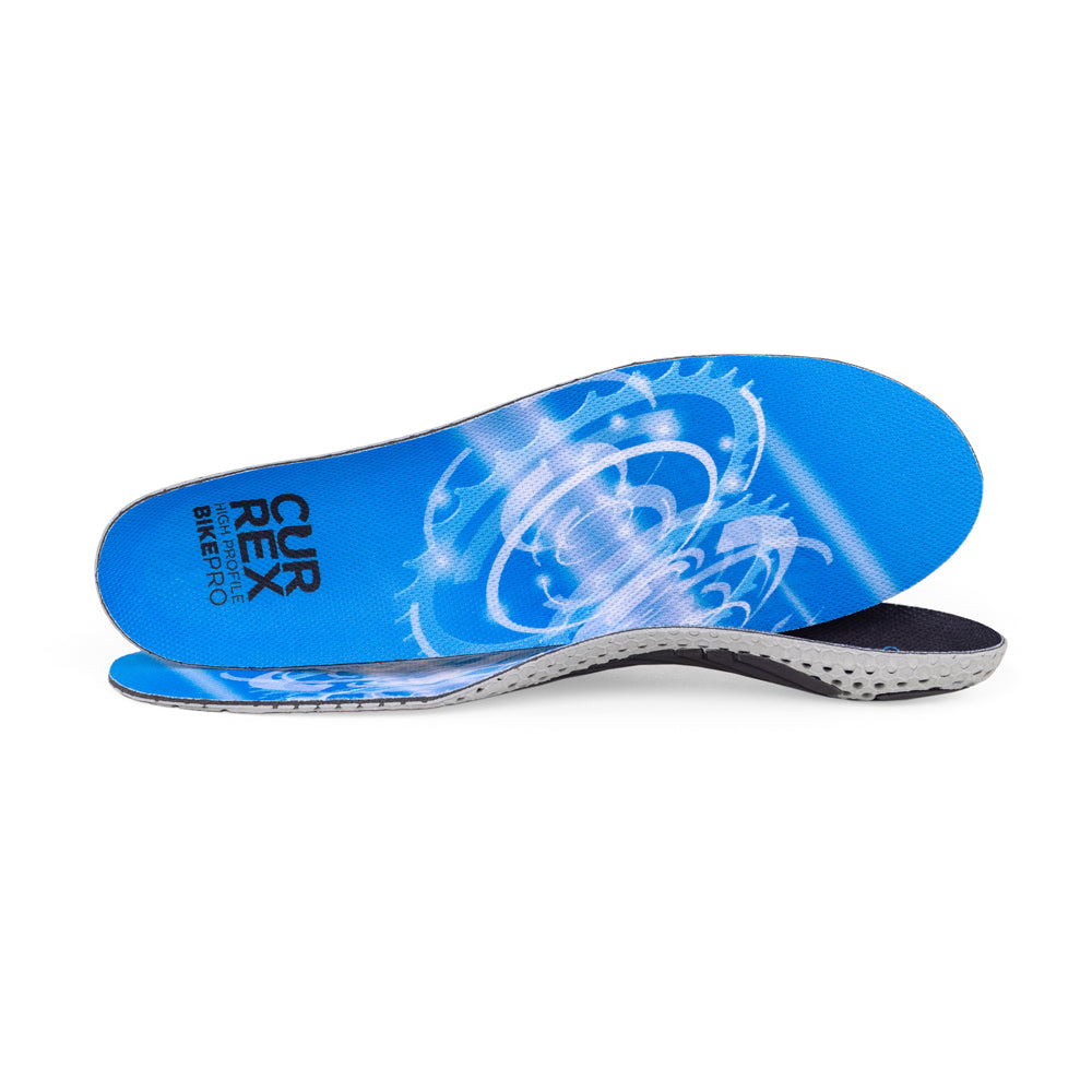 View of pair of blue high profile BIKEPRO insoles, one standing on side to show top of insole, second insole set in front showing its profile while toe is facing opposite direction #1-wahle-dein-profil_high