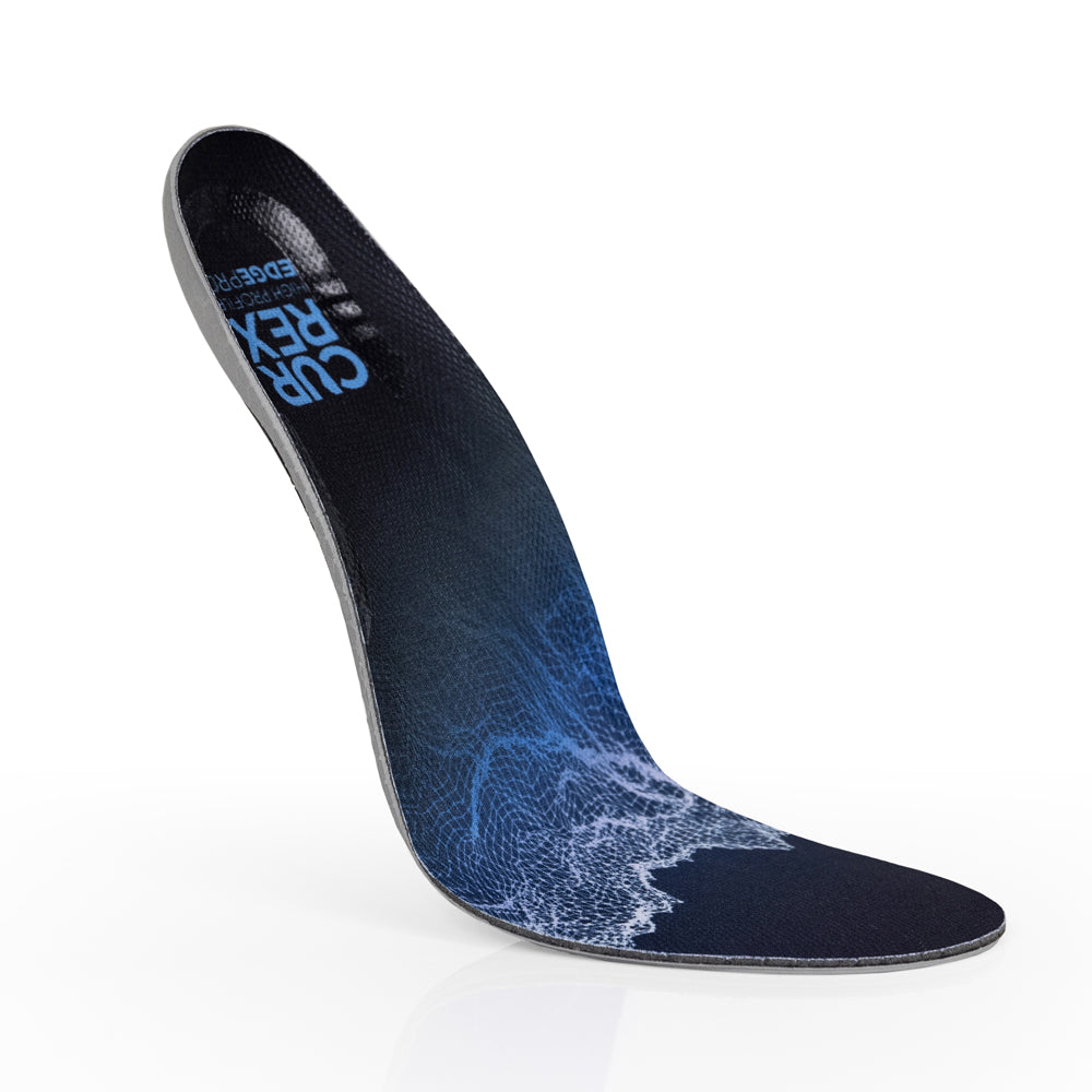 Floating top view of blue colored EDGEPRO high profile insoles with gray, red and black base #1-wahle-dein-profil_high