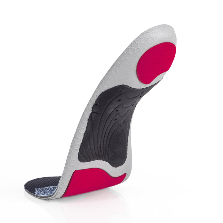 Floating base view of EDGEPRO high profile insoles with black arch support, red heel pad, red forefoot cushioning pad, gray, red and black base #1-wahle-dein-profil_high