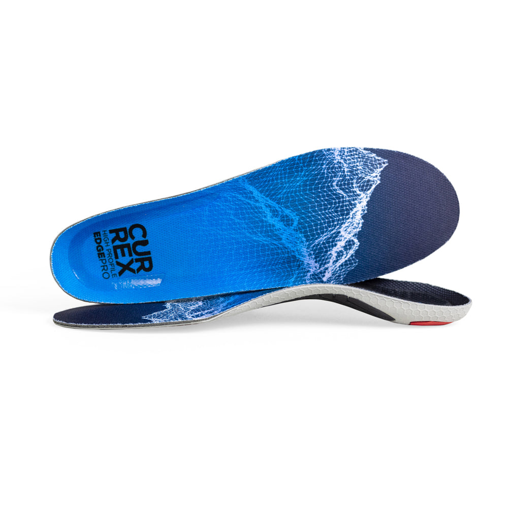 View of pair of blue high profile EDGEPRO insoles, one standing on side to show top of insole, second insole set in front showing its profile while toe is facing opposite direction #1-wahle-dein-profil_high