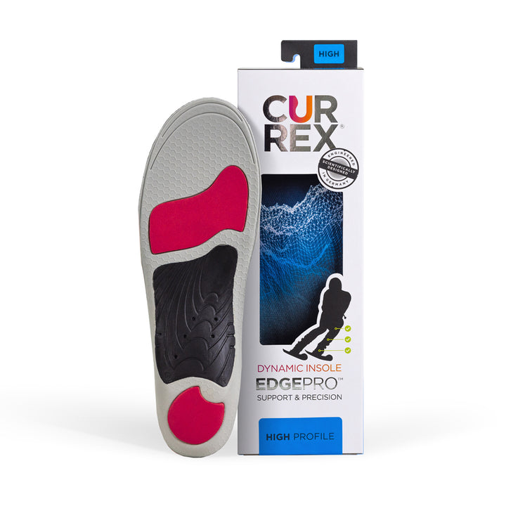 CURREX EDGEPRO insole with gray, red and black base next to black box with blue insole inside #1-wahle-dein-profil_high