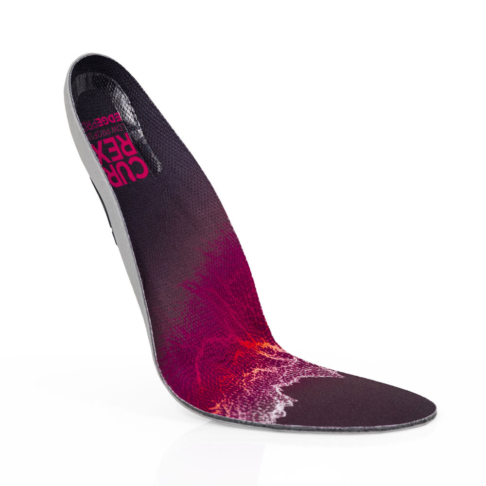 Floating top view of red colored EDGEPRO low profile insoles with gray, red and black base #1-wahle-dein-profil_low