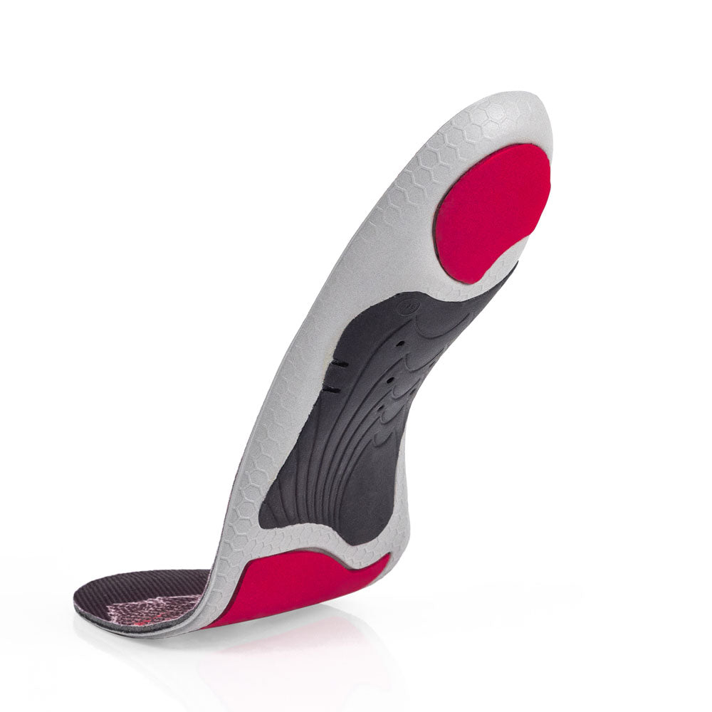 Floating base view of EDGEPRO low profile insoles with black arch support, red heel pad, red forefoot cushioning pad, gray, red and black base #1-wahle-dein-profil_low