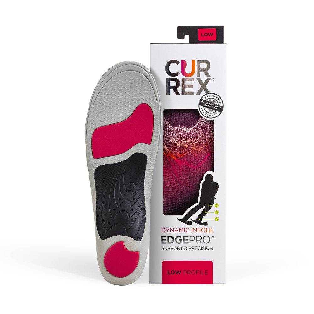 CURREX EDGEPRO insole with gray, red and black base next to black box with red insole inside #1-wahle-dein-profil_low