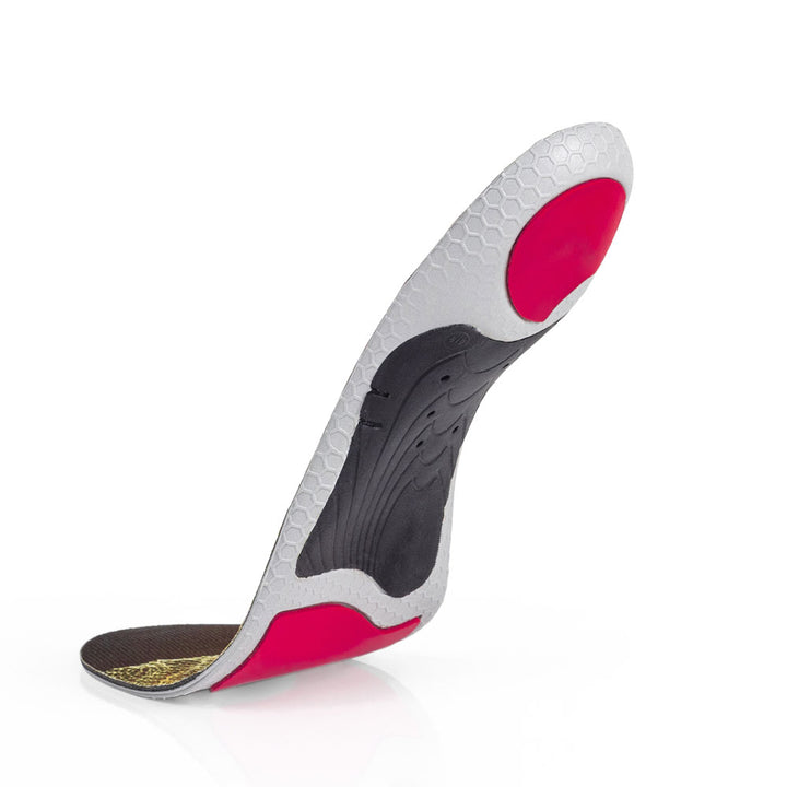 Floating base view of EDGEPRO medium profile insoles with black arch support, red heel pad, red forefoot cushioning pad, gray, red and black base #1-wahle-dein-profil_med