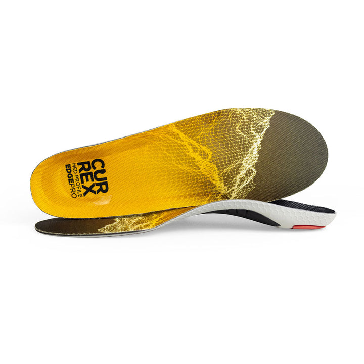 View of pair of yellow medium profile EDGEPRO insoles, one standing on side to show top of insole, second insole set in front showing its profile while toe is facing opposite direction #1-wahle-dein-profil_med